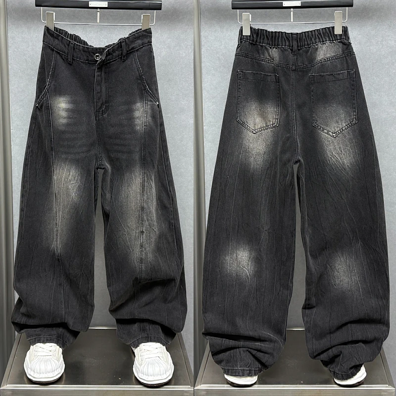 秋季新款美式休闲拼接弯刀牛仔裤男士做旧时尚青年痞帅阔腿弯刀裤