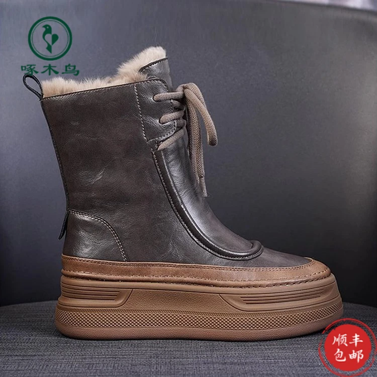 啄木鸟增高鞋中筒大棉女鞋雪地靴女新款冬季短靴子加绒加厚棉鞋防