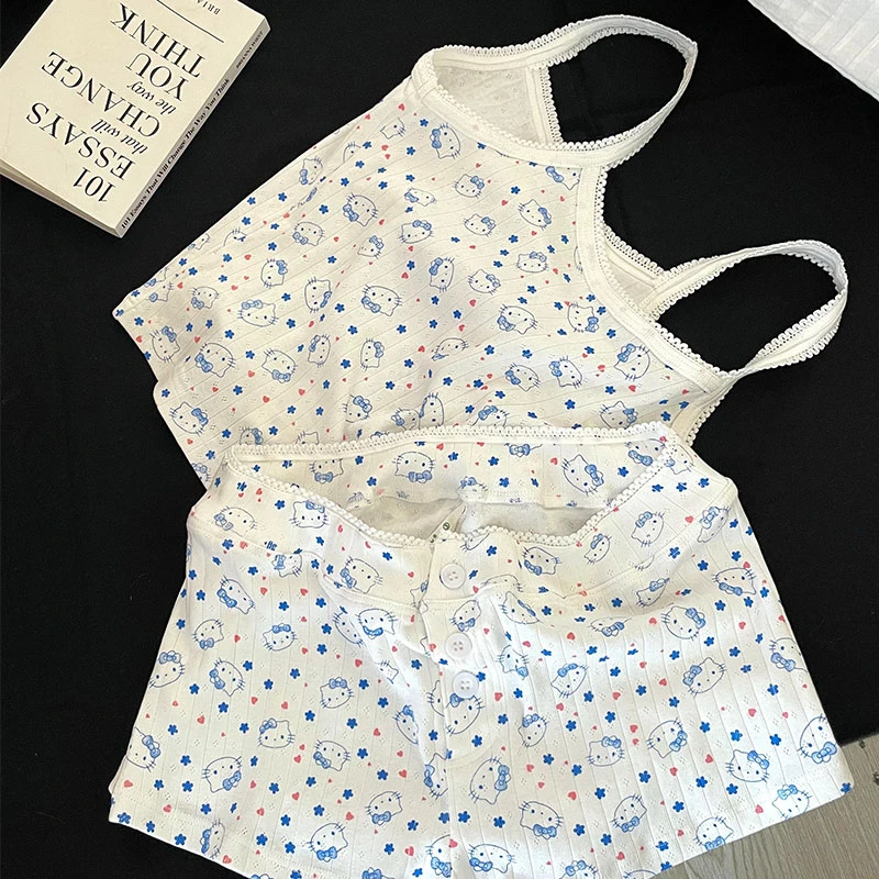 【奶油KT】夏季新款韩版凯蒂猫印花甜美花边吊带短裤两件套家居服女