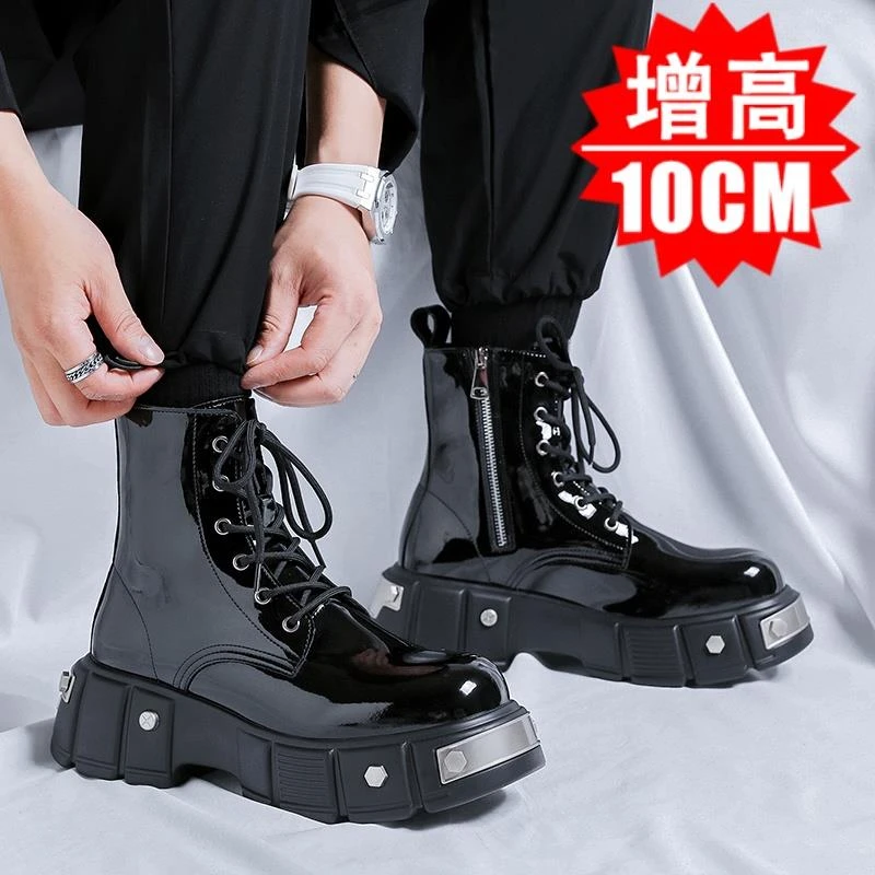 2025新款春秋马丁靴增高10cm厚底欧美风机车工装靴亮面大头高帮鞋