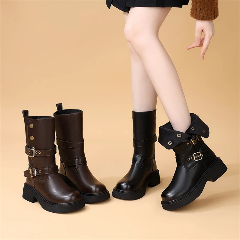 两穿韩版中筒厚底骑士靴女2025秋冬新款显瘦洋气软底加绒马丁靴潮