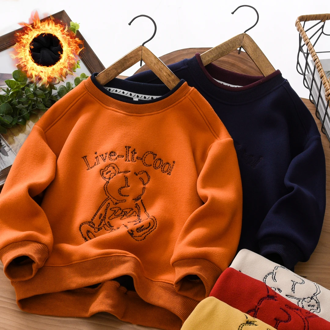 男童加绒卫衣冬季2025新款中大童加厚奥粒绒男孩儿童洋气圆领长袖