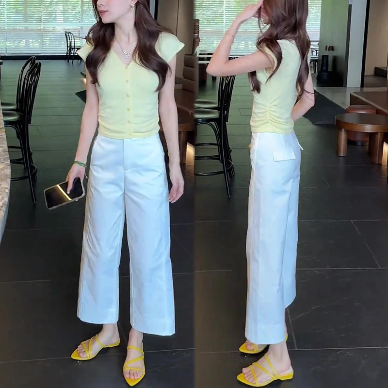 黄色冰丝针织衫搭配一整套装2025新款夏季白色九分裤气质女装时尚