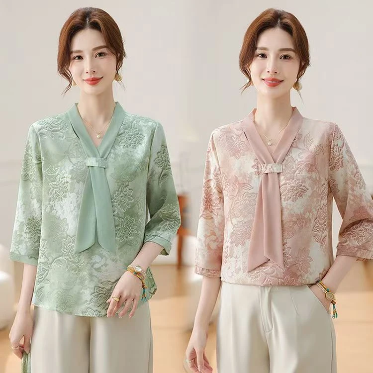 新款时尚女装衬衫短袖中国风复古七分袖显瘦雪纺衫遮肉显瘦清凉