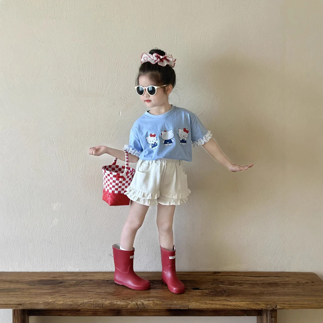 夏季新款套装女童洋气卡通短袖T恤儿童甜美花边拼接T恤荷叶边短裤
