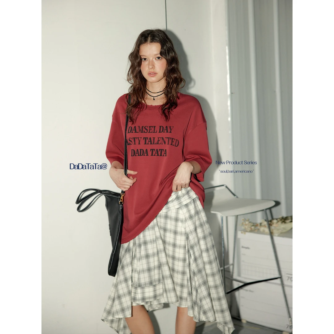 晶咕白标DADATATA【自在悠夏】2025夏季简约字母印花短袖T恤大码