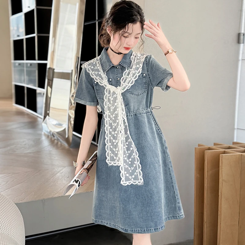 女童短袖连衣裙2025新款儿童牛仔裙小女孩洋气夏装蕾丝披肩裙子潮