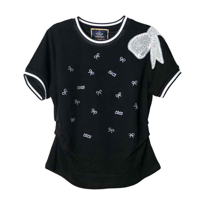 JESSCACOCO【黑色蝴蝶结】夏季烫钻休闲T恤