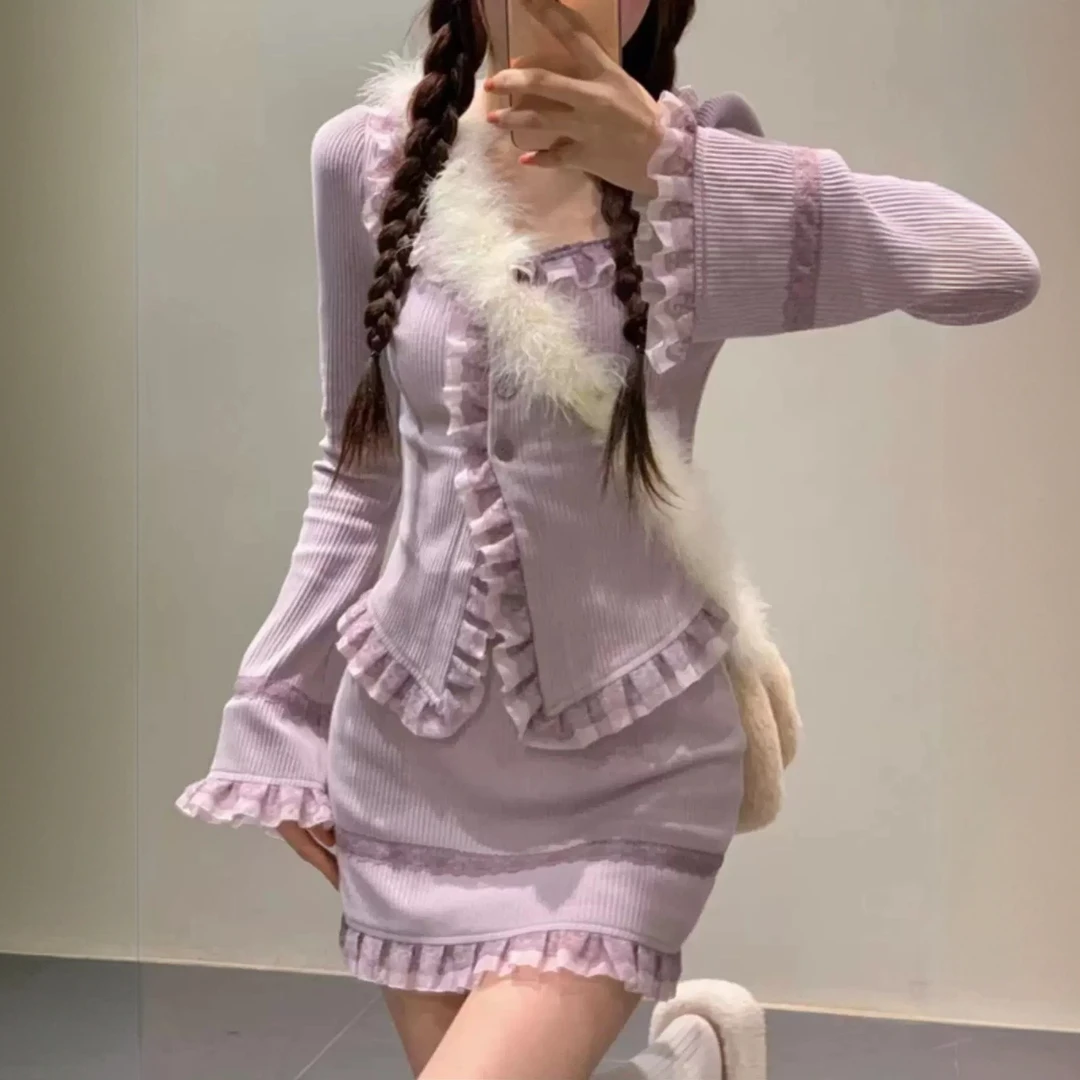 法式温柔风紫色针织长袖连衣裙质感高级感鱼尾裙秋冬搭配一整套装