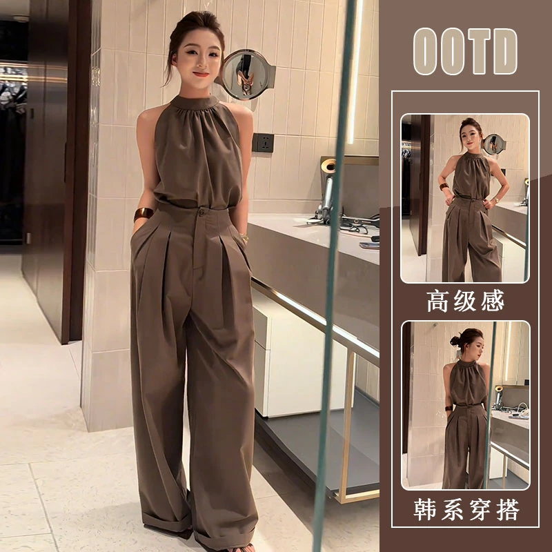 御姐气质无袖挂脖上衣休闲阔腿长裤女装2025夏季新款小众设计套装