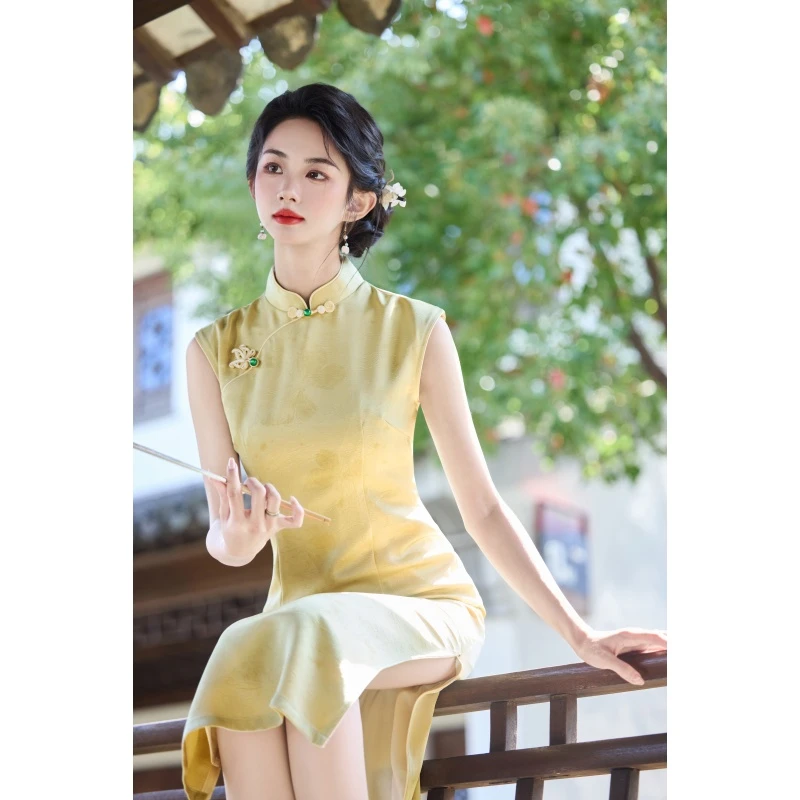 箜小帆日常纯色夏季提花低开衩中式旗袍复古中国风显瘦