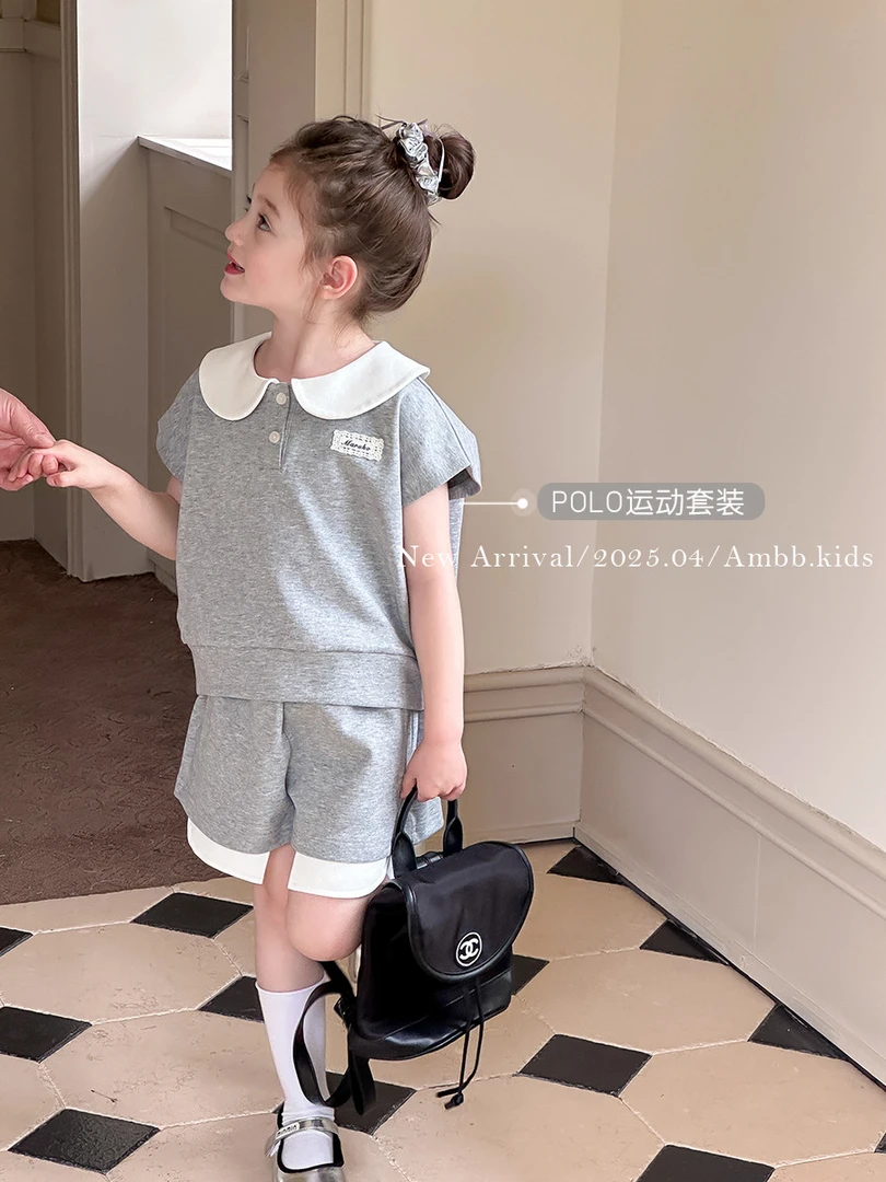 【新品】女童洋气小翻领学院风短袖+拼接短裤卫衣两件套装25C178