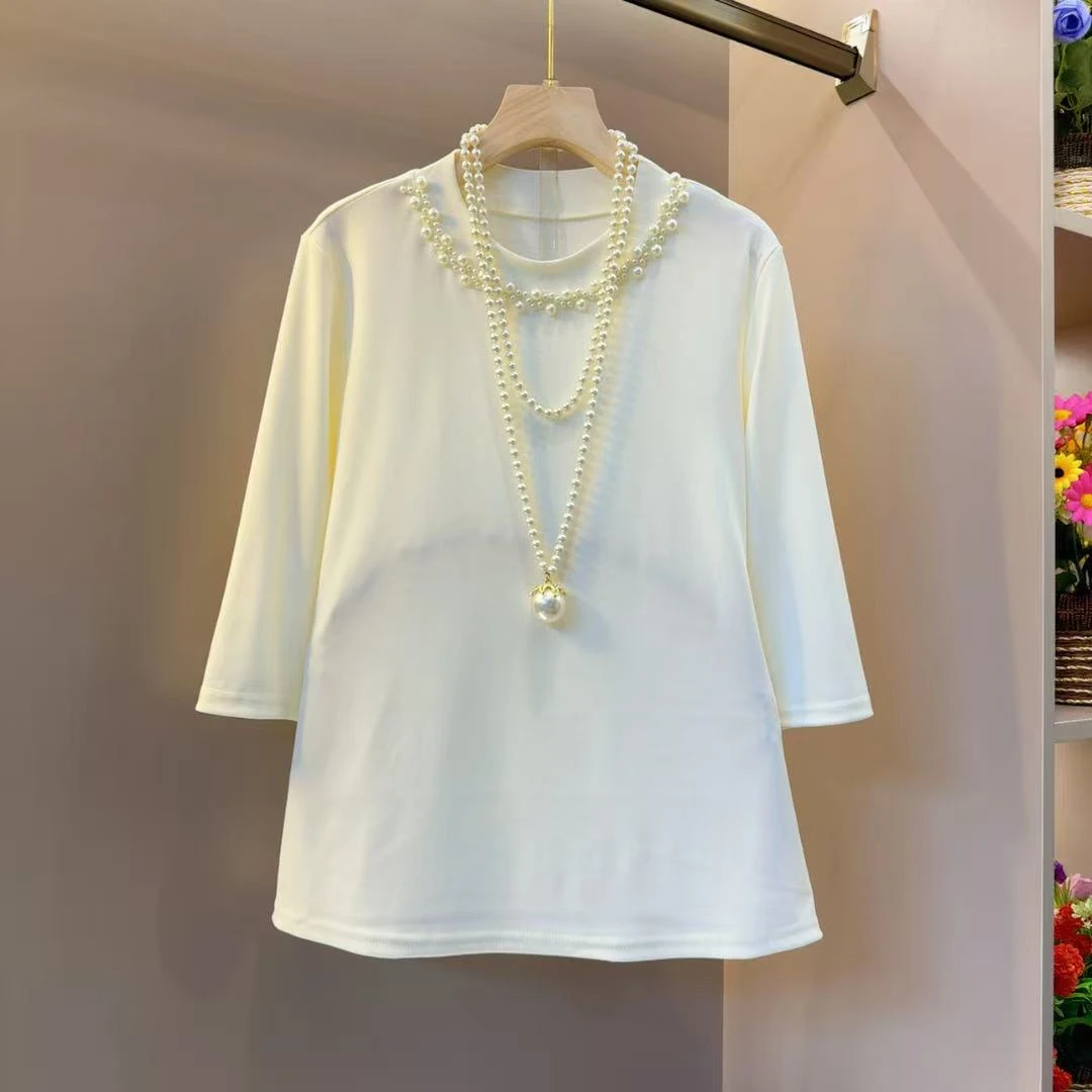 欧货圆领重工钉珠气质打底小衫衣长62左右时尚