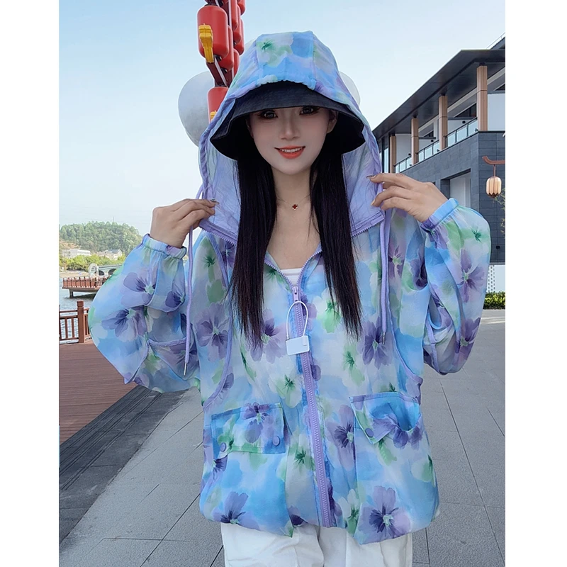 夏季新款宽松洋气薄款连帽碎花防晒女时尚小众潮D25800