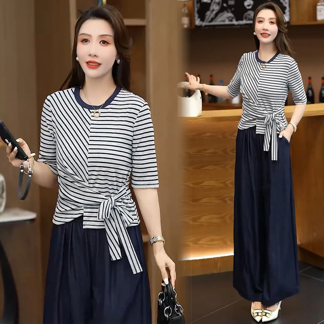 时尚套装女2025秋季新款设计感减龄显瘦条纹中袖上衣阔腿裤两件套