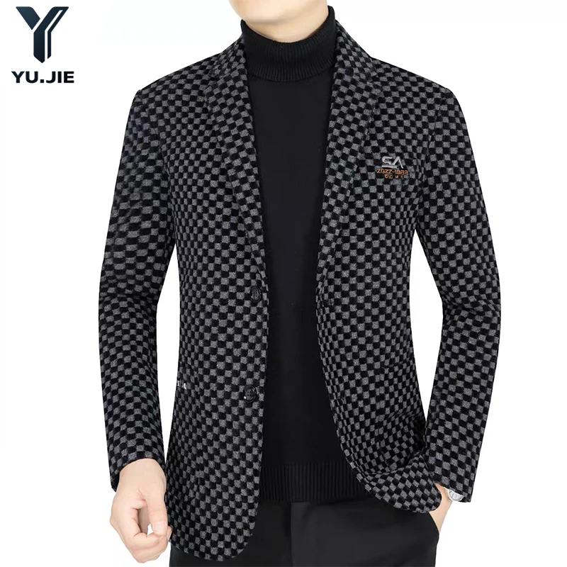 中年男士高档格子西服商务休闲百搭西装中老年爸爸修身毛呢外套男