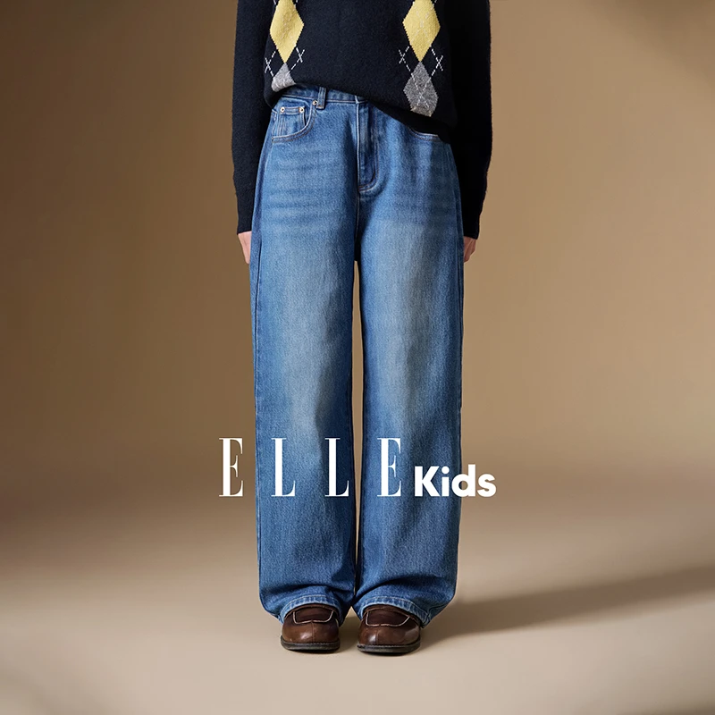 ELLE KIDS 绣花牛仔弯刀裤女童秋季新款法式学院经典水洗裤子Q5