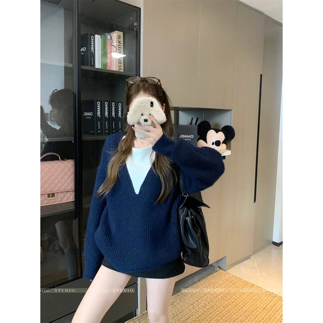 假两件毛衣女秋冬季新款宽松设计感慵懒风针织衫软糯复古圆领上衣