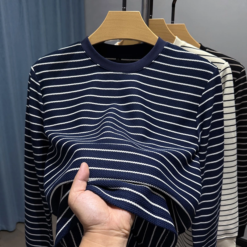 VIATEMSIARY经典款潮流百搭条纹长袖t恤男士春秋季新款圆领打底衫