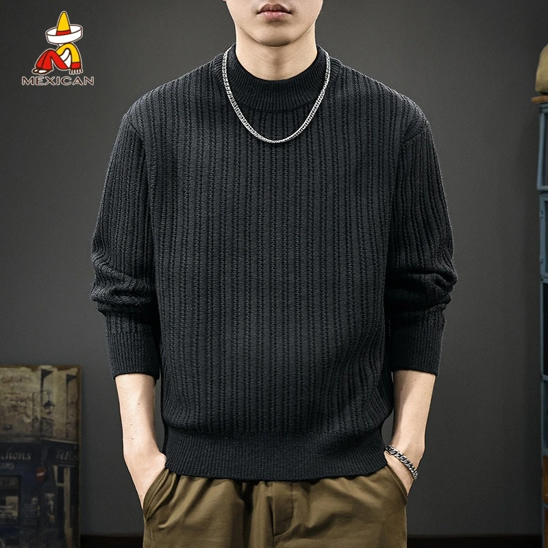 Mexican/稻草人秋冬半高领长袖毛衣男款美式肌理感宽松打底针织衫