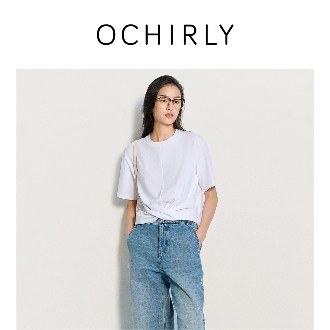 OCHIRLY欧时力扭褶短袖t恤女上衣设计感宽松2025夏季新品商场同款