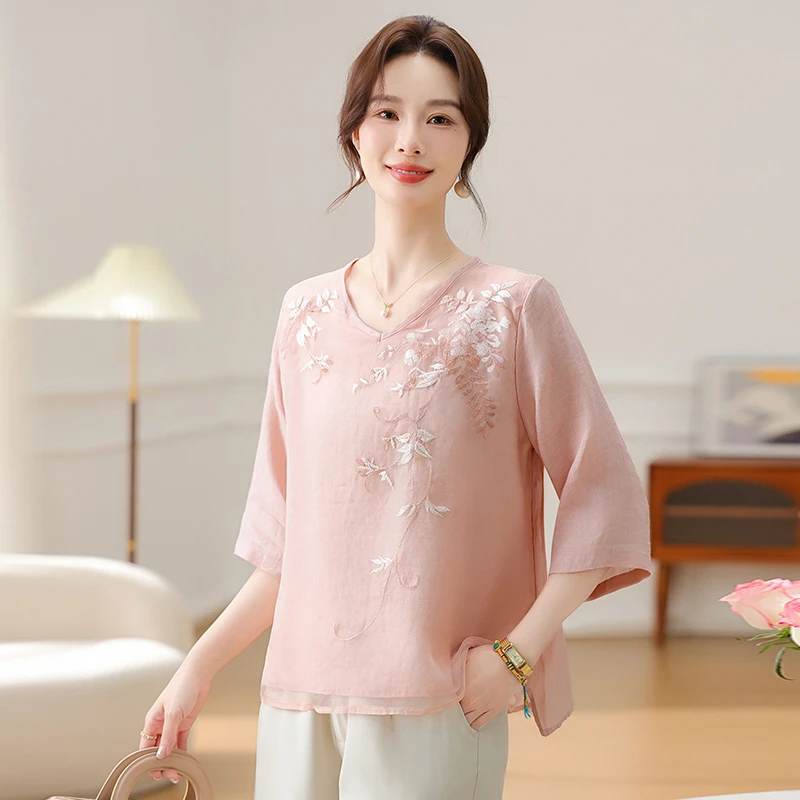 妈妈夏洋气新中式小衫2025新款中老年女装夏装短袖T恤上衣套装