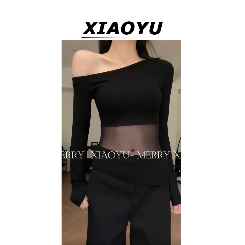 小鱼【性感纯欲】辣妹设计感网纱拼接透视短袖T恤女露肩气质上衣
