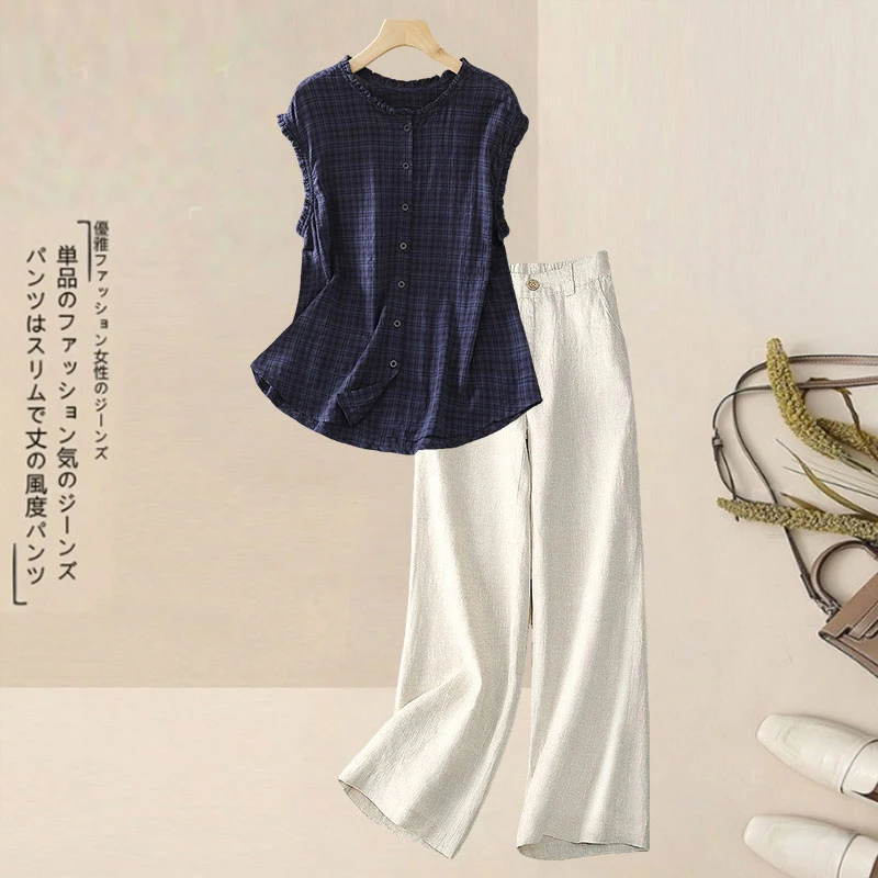 夏木耳边亚麻无袖衬衫宽松显瘦文艺荷叶边背心上衣加高腰垂感长裤