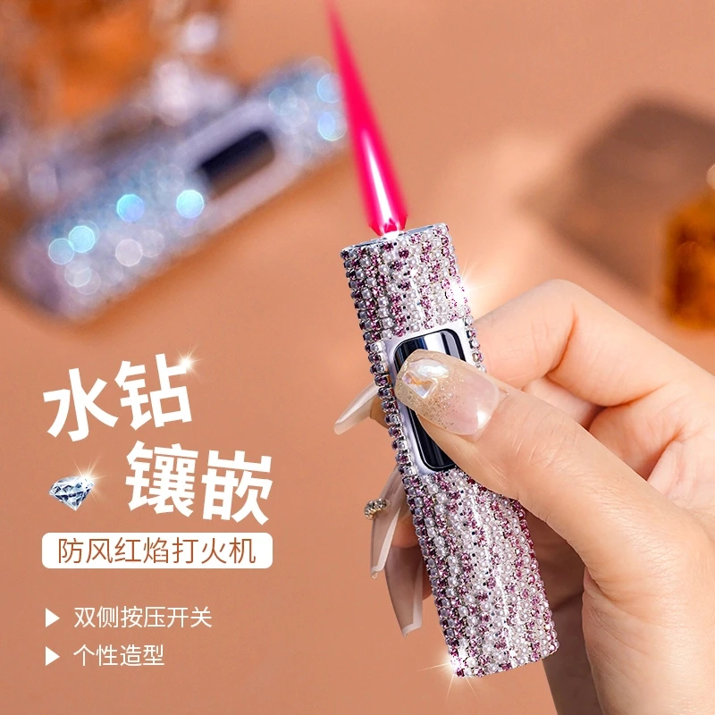 高颜值满钻天星圆柱火机女士镶钻少女心红焰女生仙女防风火机礼物