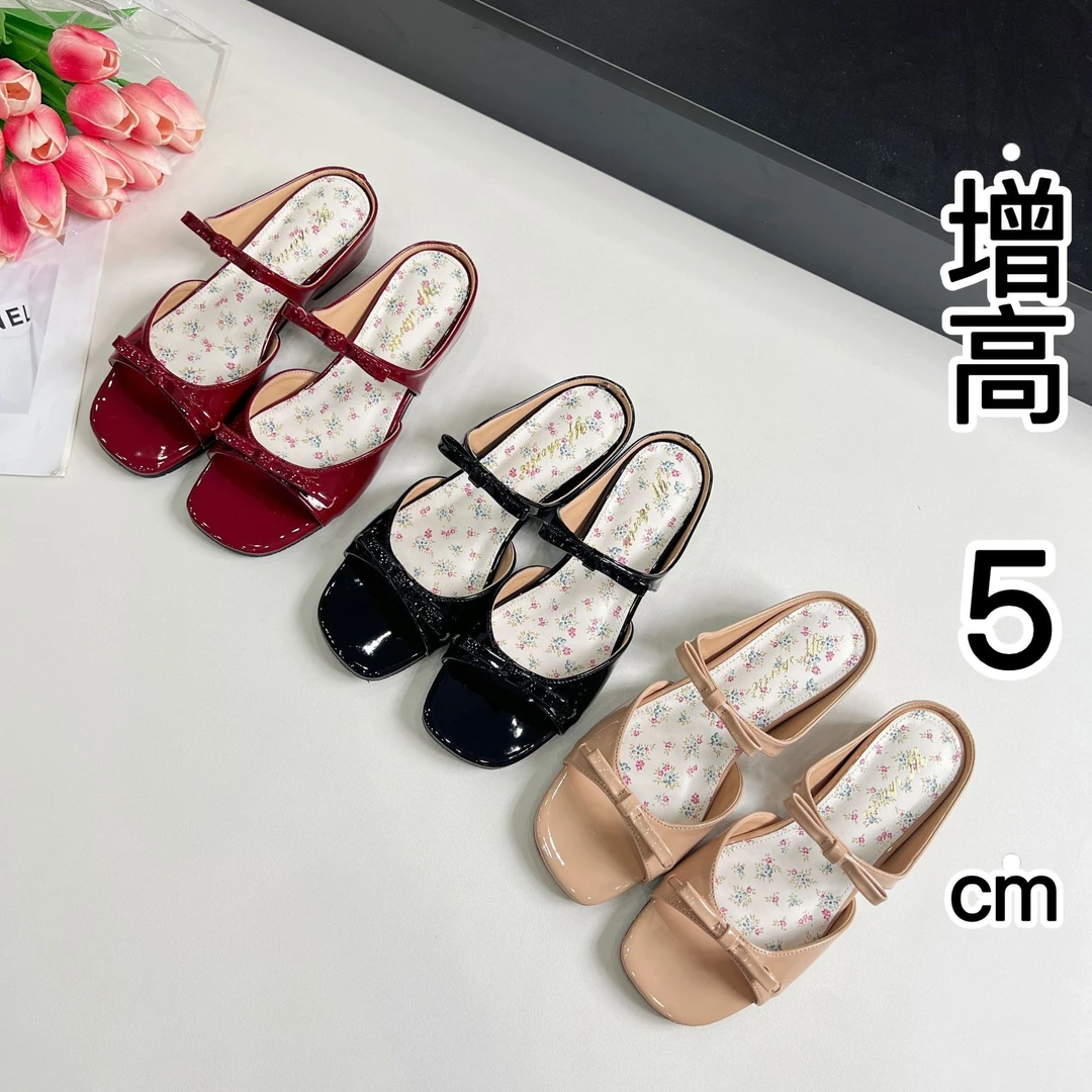 增高5cm蝴蝶结一字带拖鞋女外穿夏季配裙子田园风碎花底露趾凉鞋