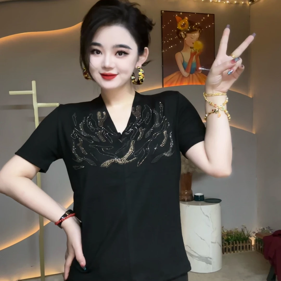 【夏季新款】豹纹百搭黑色v领重工烫钻长袖修身T恤蕾丝打底衫女Q400