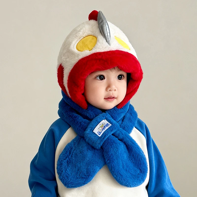 奥特曼儿童帽子围巾一体二件套冬季男女宝宝加厚防风保暖毛绒帽潮