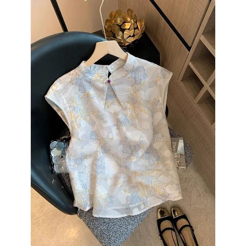 减龄别致背心上衣新中式立领盘扣刺绣提花无袖衬衫女2025新款禅意