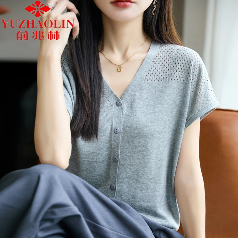 俞兆林V领镂空开衫短袖t恤女夏季2025新款打底衫洋气女装冰丝针织