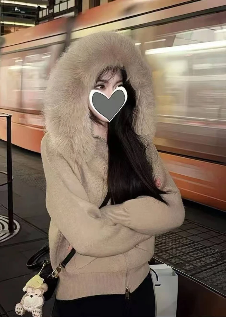 【大毛领毛衣】韩女氛围感大毛领外套保暖显瘦千金网红短款外套