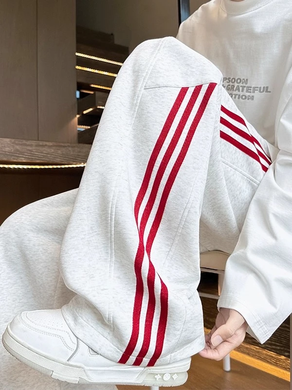 美式重磅三条杠运动卫裤男款秋季薄款拖地阔腿裤子宽松直筒休闲裤