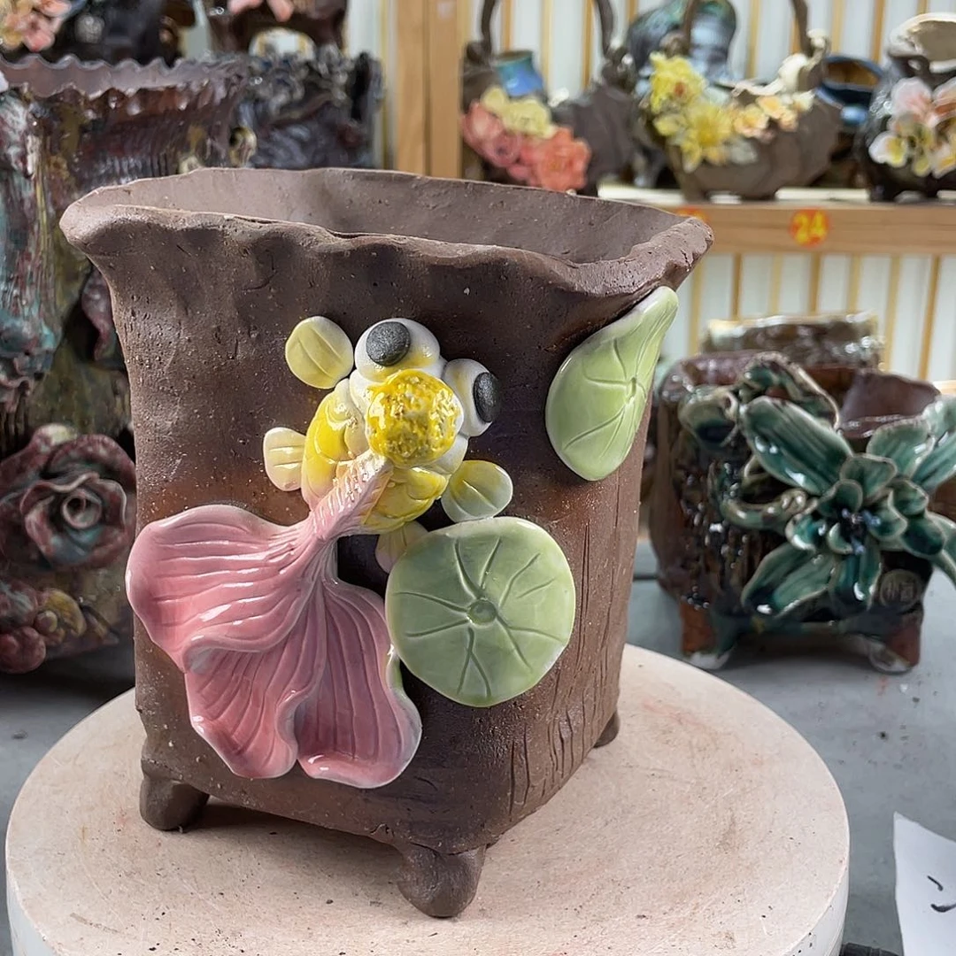 紫砂花盆景德镇陶瓷多肉花盆 粉鱼特价