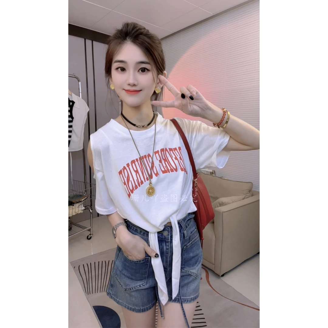 2025年韩系夏季新款时尚百搭宽松露肩绑带字母印花短袖T恤女上衣