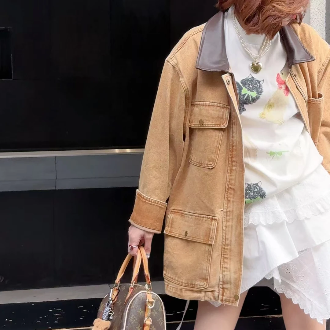【潮人街】港式穿搭拼色百搭复古牛仔外套➕T恤➕蕾丝蛋糕裙