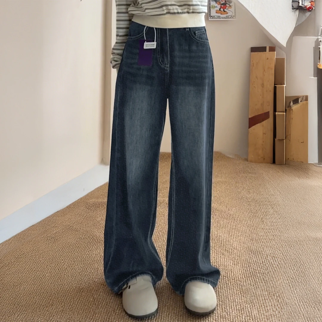 复古蓝灰色直筒微喇牛仔裤女秋冬加绒大码胖mm宽松显瘦垂感喇叭裤