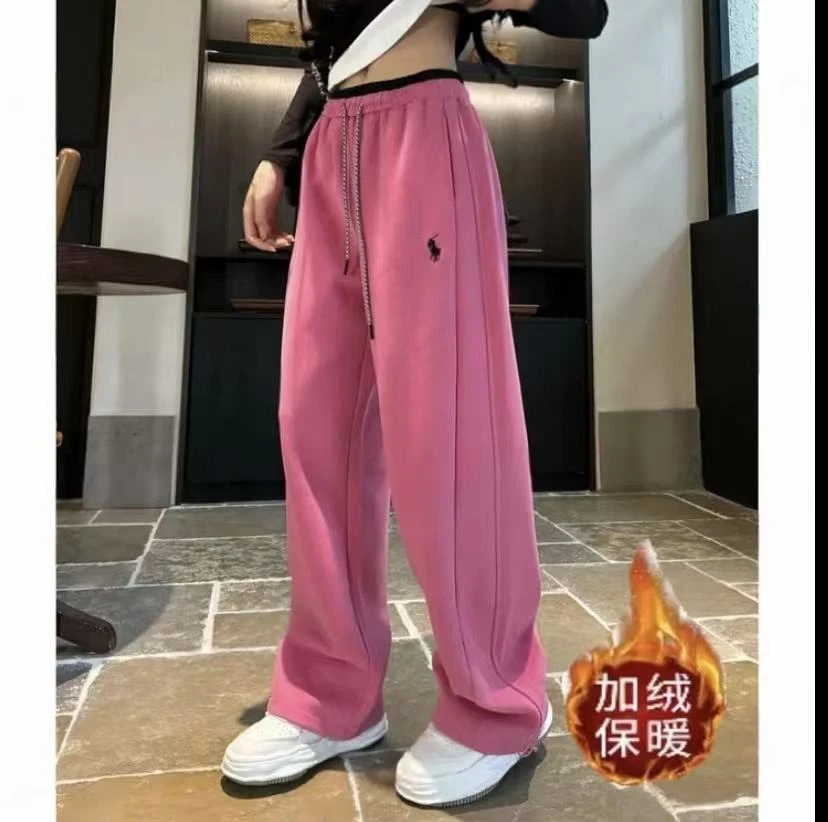 加绒加厚秋冬休闲运动裤高腰拼色刺绣窄版阔腿裤显瘦束脚卫裤 潮
