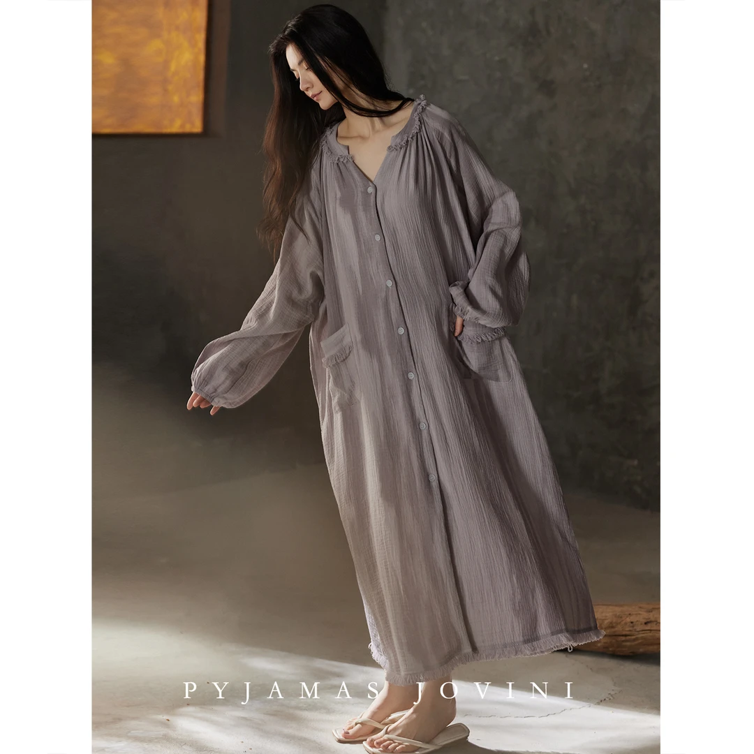 俏薇妮睡裙女春秋款纯棉纱布婴儿棉长袖长裙宽松睡衣套装2025新款