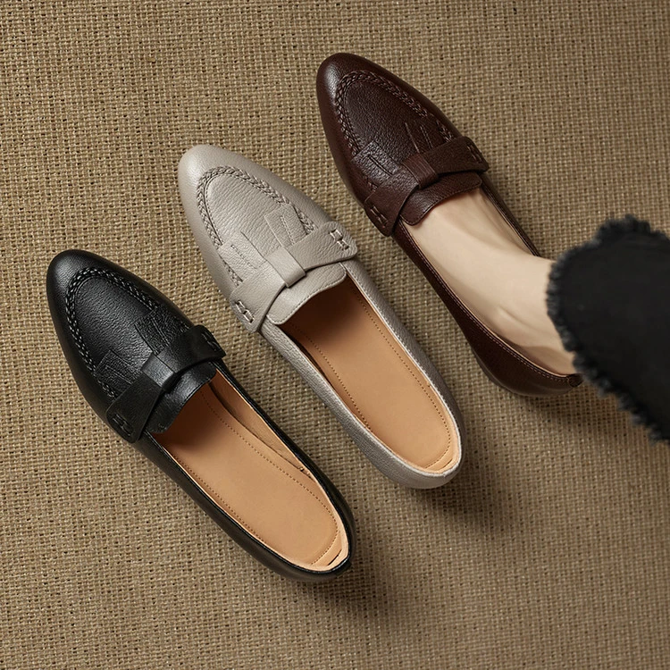 3cm~法式复古风尖头粗跟一脚蹬单鞋女2025新款真皮软底玛丽珍鞋女