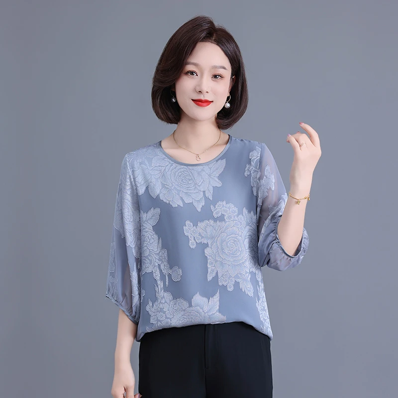 妈妈时尚套装2025年新款中老年贵夫人短袖上衣夏装两件套洋气小衫