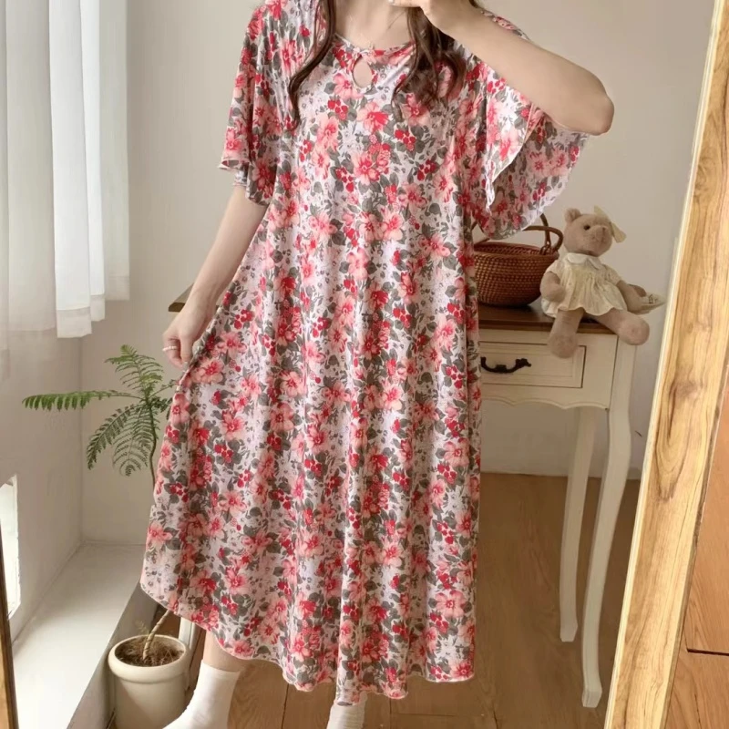 精梳绵绸【国风 映山红】夏季舒适透气家居睡裙可外穿1720