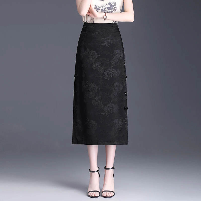 拉夏贝尔新中式国风半身裙女2025夏季新款复古提花修身开叉包臀裙