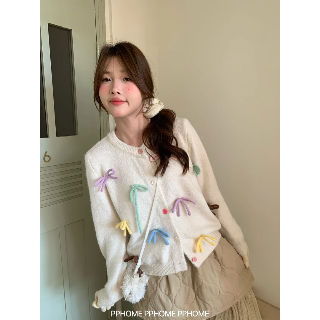 有点酸~冬日汉南洞 2025韩系蝴蝶结针织开衫可爱穿搭宽松毛衣女装