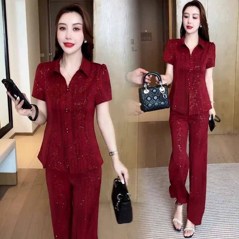 【赠送运费险】时尚套装女夏季洋气显瘦减龄短袖上衣阔腿裤两件套潮