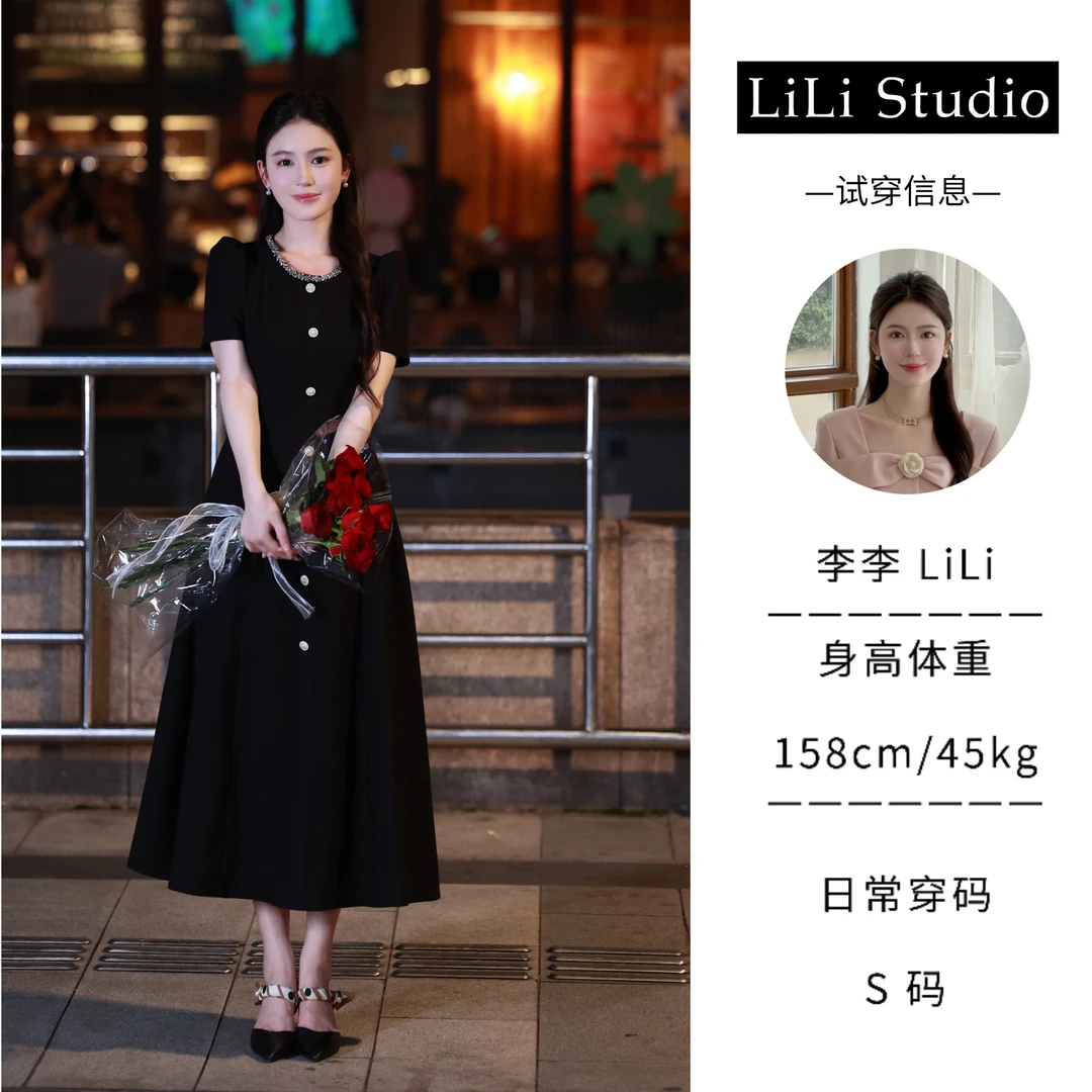 【奥莉庄园】LiLi法式重工设计款显瘦气质黑色连衣裙xmzh3282