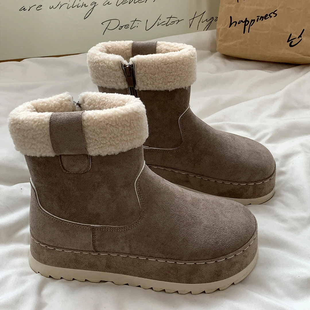 灰色厚底加绒雪地靴女2025冬季新款加厚保暖中筒翻边休闲百搭棉鞋